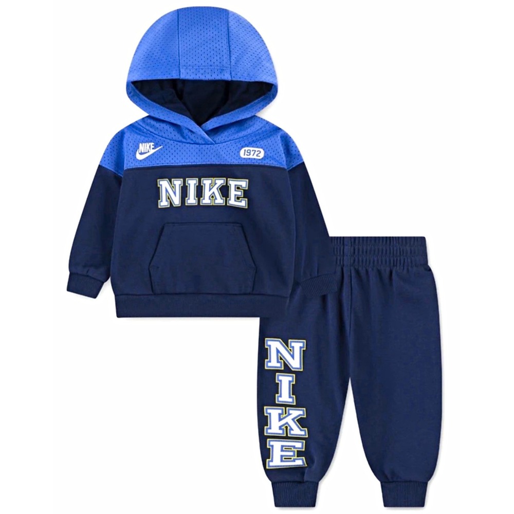 NEW Nike 2-Piece Fleece Hoodie & Pants Set Navy Blue Colorblock 12M